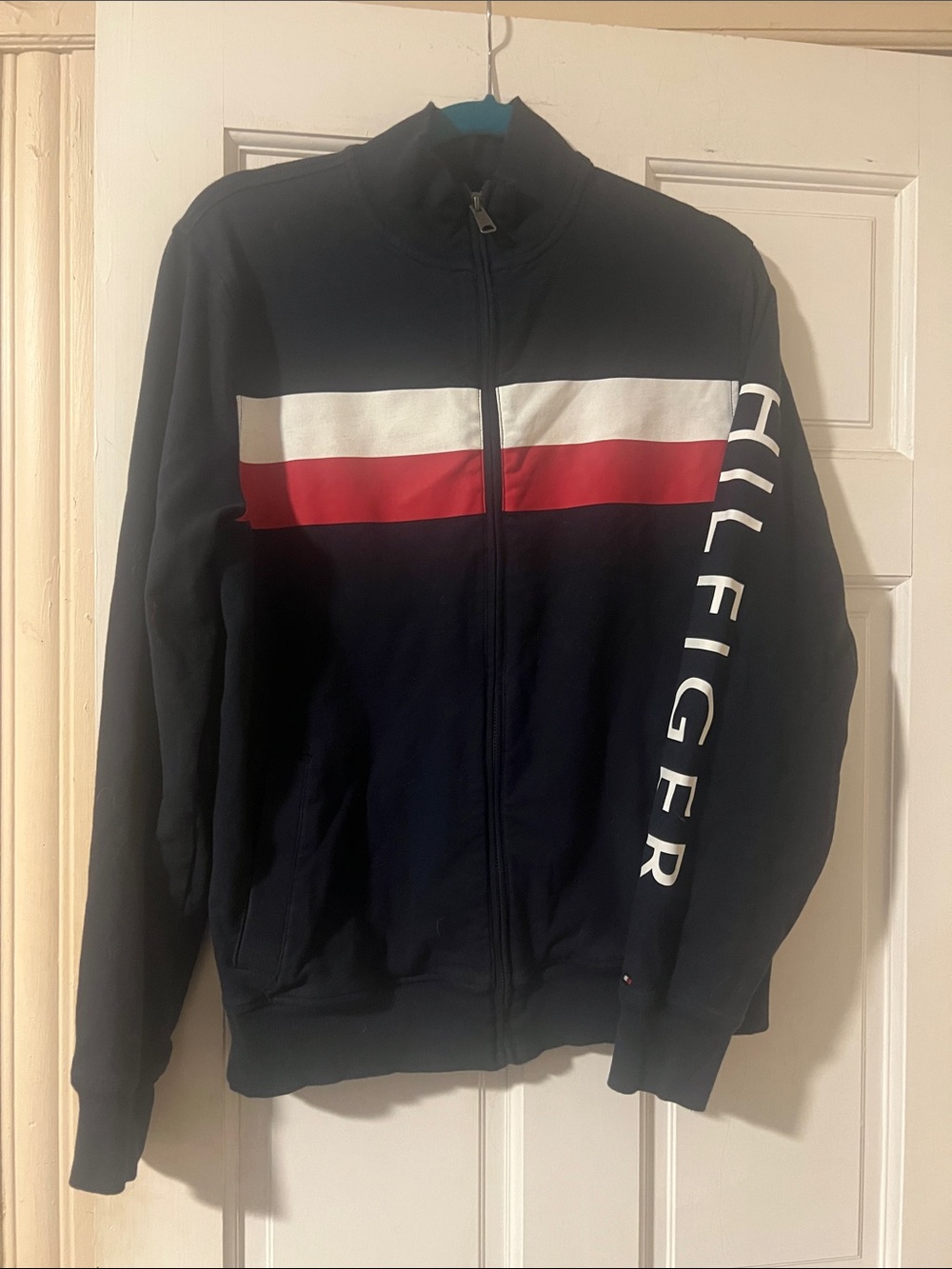 Tommy Hilfiger Navy Zip-Up Jacket with White & Red Chest Stripe